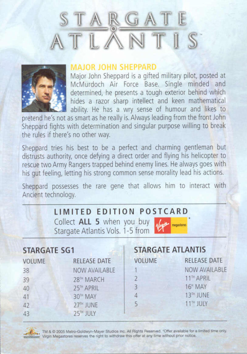 Stargate Atlantis - Virgin Exclusive Cards - Sheppard - Back
Keywords: media_promo;