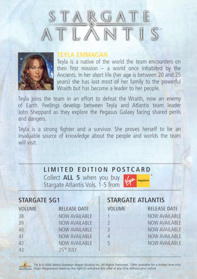 Stargate Atlantis - Virgin Exclusive Cards - Teyla - Back
Keywords: media_promo;
