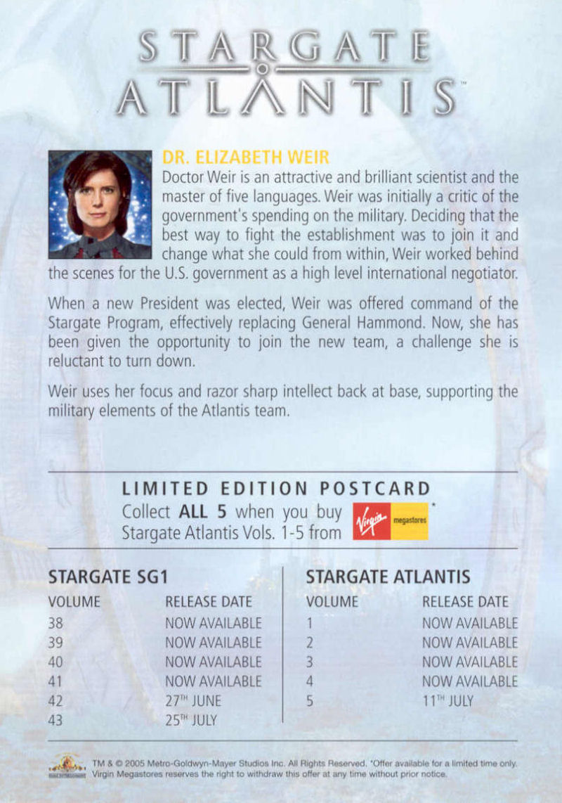 Stargate Atlantis - Virgin Exclusive Cards - Weir - Back
Keywords: media_promo;