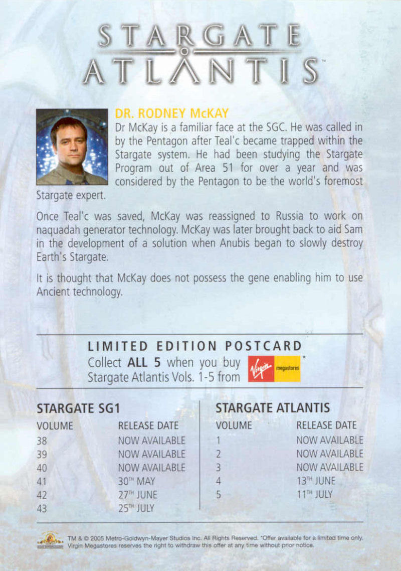 Stargate Atlantis - Virgin Exclusive Cards - McKay - Back
Keywords: media_promo;